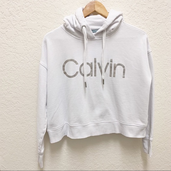 Calvin Klein Cropped White Hoodie Sweatshirt Sz S w/ Thumbholes - Picture 3 of 8